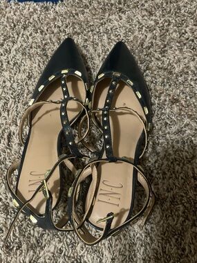 INC International Concepts Black Pointed T-Strap Flats with Gold Studs